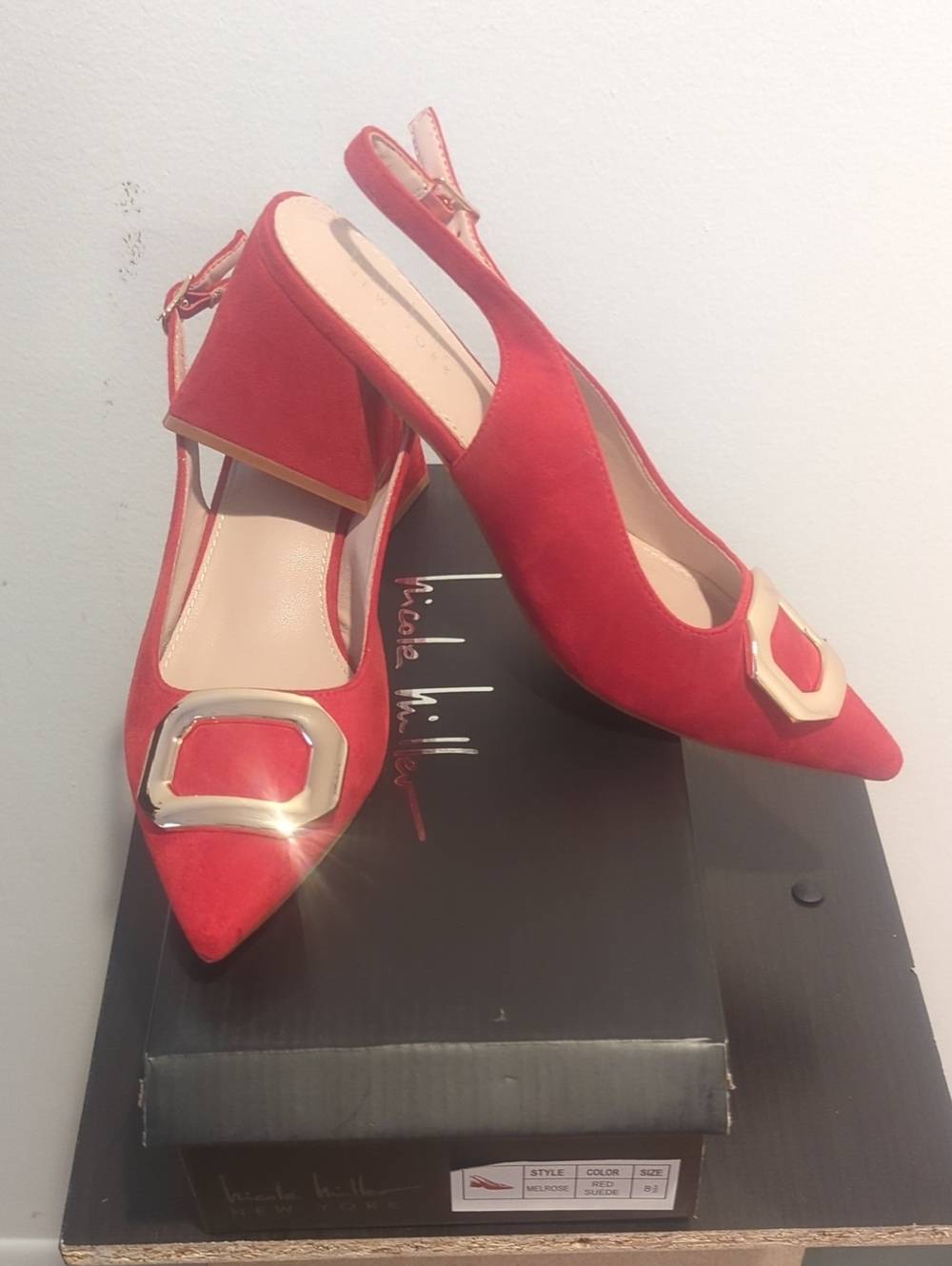 Red Pointed Slingback Pumps with Gold Buckle